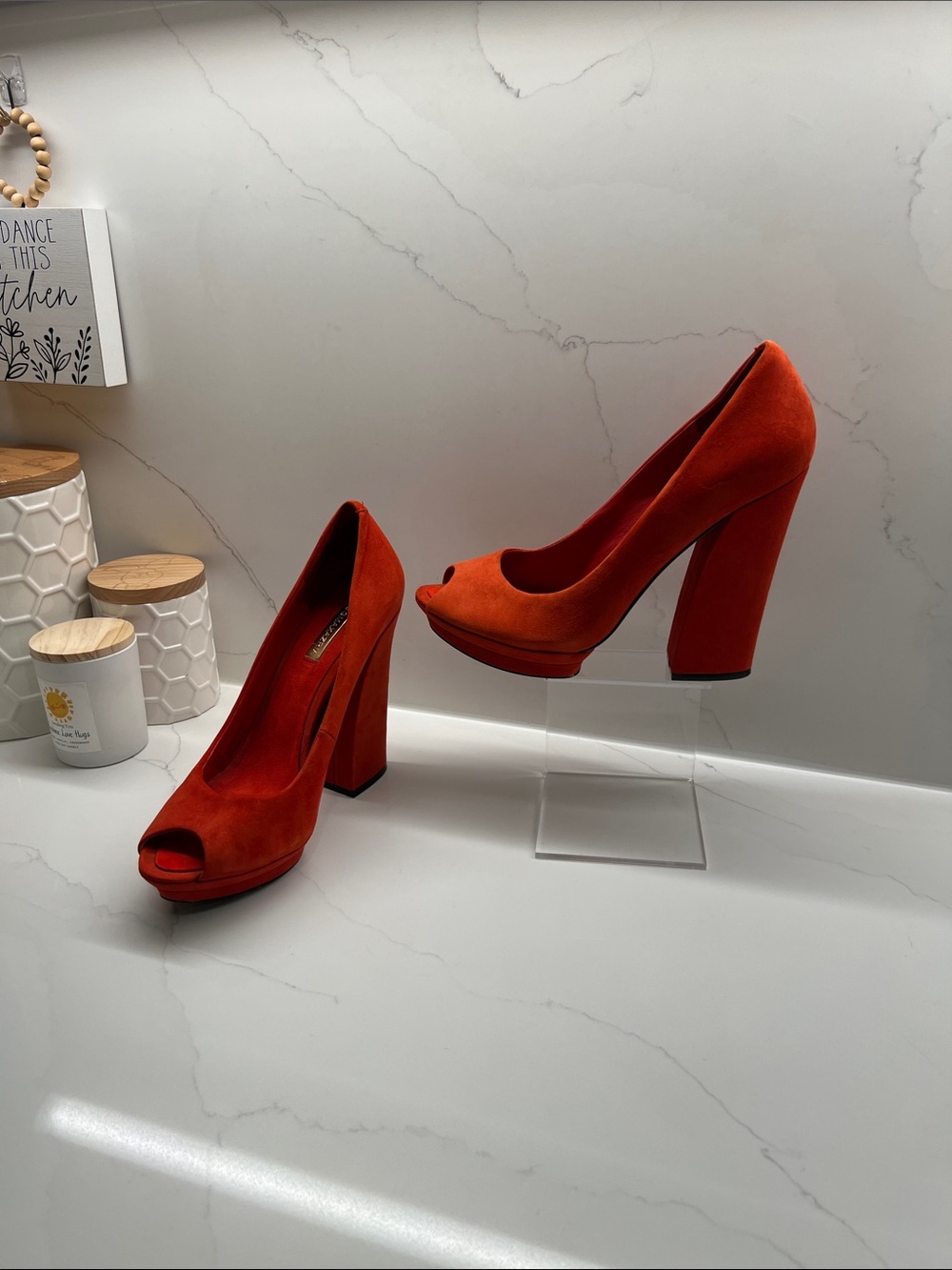 BCBG MAXAZRIA Red/Orange Suede Peep-Toe Block Heel Pumps size 10B